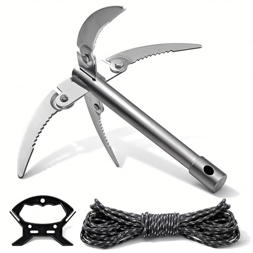 DIYCUT 3 Piezas Anclaje de Barco Plegable, Ancla Plegable Barco Pequeña, Ancla de Malas Hierbas de 4 Ganchos, con Cuerda de 10 m y Mango de Cuerda, para Limpiar Plantas Acuáticas, Preparación Pesca