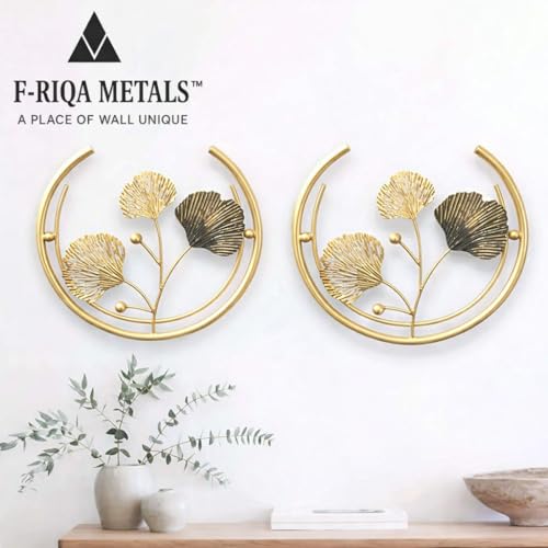 Image of F-RIQA METAL Luxury Golden Flower Metal Wall Art Set of 2 (13.8 x 10.5 Inch) | Elegant Ring Design Wall Decor for Bedroom & Living Room (Classic)