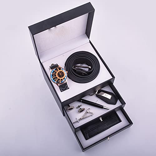 HMTE Montre d'affaires Coffret Cadeau pour Homme Père Parcelle Boîte à Trois Couches Ceinture Portefeuille Porte-clés Signature Stylo (Couleur : Noir) (Noir)