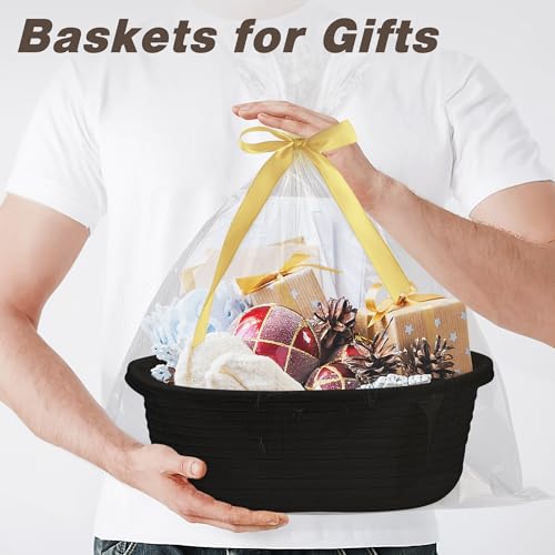 Image of Pro Goleem Small Woven Basket with Gift Bags and Ribbons Durable Baskets for Gifts Empty Small Rope Basket for Storage 12 inchX 8 inch X 5 inch Baby Toy Basket with Handles, Black
