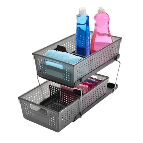 madesmart Two-Tier Under Cabinet Organizer, Sliding Drawer Storage for Cleaning Supplies & Bottles, Carbon