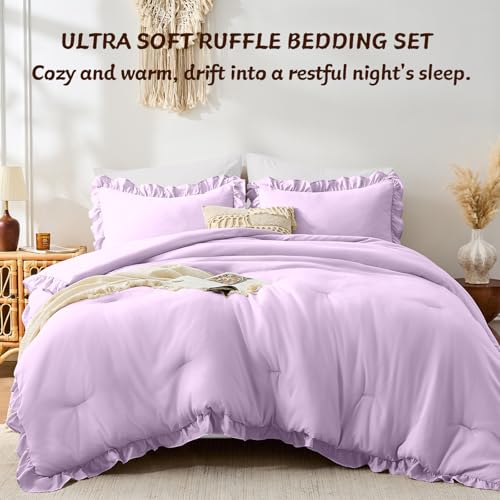 Image of FUANNA Full Size Comforter Sets Lavender, 3 Pieces Ruffle Full Size Bedding Sets, Fluffy Bed in a Bag Full for All Seasons, Shabby Chic Full Bed Set with 1 Lightweight Comforter & 2 Pillowshams