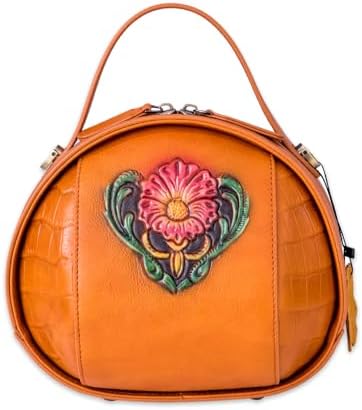 Vintage Genuine Leather Crossbody Bag for Women \u2013 Small Structured Top Handle Purse with Hand-Embossed Flower