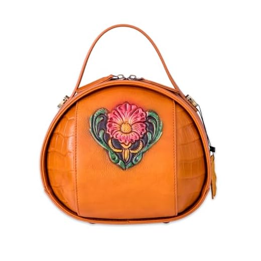 Bolsa feminina vintage de couro genuíno - Bolsa transversal de couro bovino - Bolsa de mão em relevo com flores, Laranja, Medium