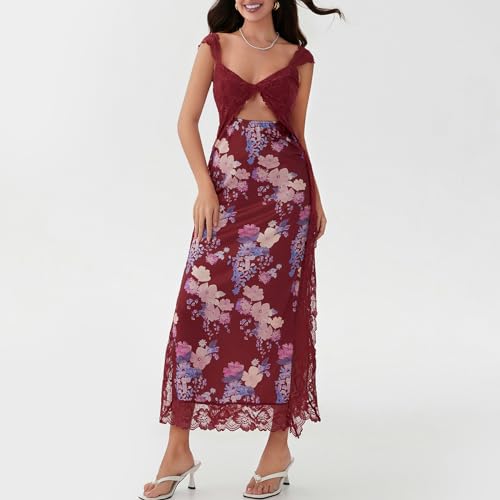 Image of Women Sexy Lace Patchwork Mesh Dress Floral Print Cutout Sweetheart Neck Backless Slit Summer Maxi Dress
