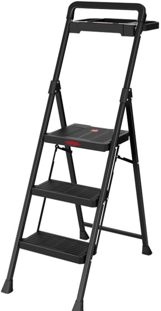 Ladder 3 Step Ladder Folding Step Stool with Tool Platform Portable Black Steel Ladder with Handrails Multi-Use Telescoping Ladder