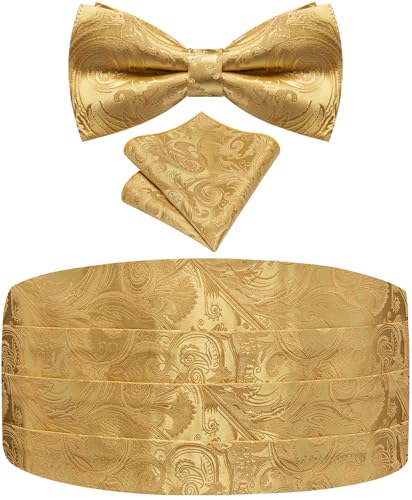 Image of Paisley Floral Tuxedo Cummerbund Bow Tie Pocket Square Set for Men