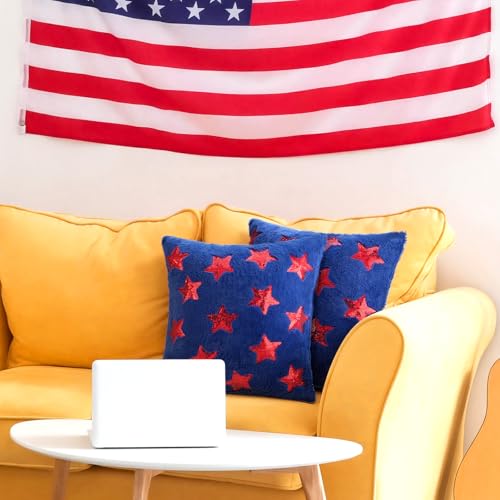 2 Pcs 4th of July Pillow Covers 18x18 Inch Red Sequin Star Embroidered Pillow Cover Independence Day Soft Plush Faux Fur Jacquard Pillowcase for Home Living Room Sofa Couch - Image 6