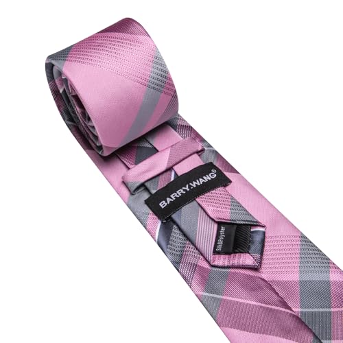 Image of Barry.Wang Plaid Ties Mens Silk Necktie and Tie Clip Checkered Tie for Wedding Party Business Formal