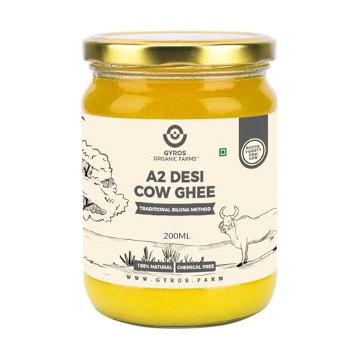 Gyros Organic Farms A2 Desi Cow Ghee Bilona Method (200ml) | 100% Natural and Pure Bilona Ghee | Healthy, Grassfed Ghee | Booster Digestion | 100+ Lab Tested Quality -(Glass Jar)