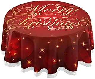 Red Merry Christmas Round Tablecloths, Circular Table Cover Washable Polyester for Buffet Table, Parties, Holiday Dinner 60 Inch