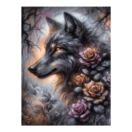 Peinture diamant loup et roses broderie strass complète 30x40 cm