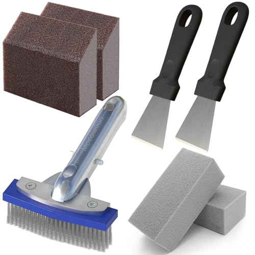 Pool Pumice Stone and 5-in Stainless Steel Pool Brush Set with EZ-Clip Handle to Reomve Erase Rust Stain Spot in Concrete Plaster Pool Spa and Calcium Deposit on Pool Tile