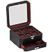 ROTHWELL 6 Slot Leather Watch Box with Valet Drawer - Luxury Watch Case Display Organizer, Microsuede Liner, Locking Mens Jewelry Watches Holder, Men's Storage Boxes Holder Large Glass Top (Black/Red)