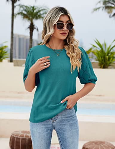 Image of Womens Short Sleeve Sweaters Crewneck Knit Pullover Tops 2025 Summer Casual Lightweight Crochet Blouse Shirt