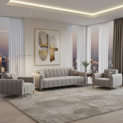 Image of FURNY Harmony 5 Seater Velvet Fabric 3+1+1 Sofa Set (Light Grey Color) with Golden Finish Legs | Durable Comfort | Ideal for Living Room