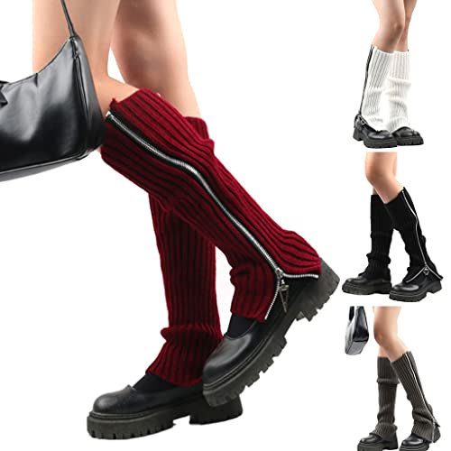 Women Gothic Punk Ribbed Knitted Leg Warmers Harajuku Side Zipper Up Solid Color Boot Socks Student Knee High Foot Cover 6Ee803070-Bk_Gwx1122 #TOP3