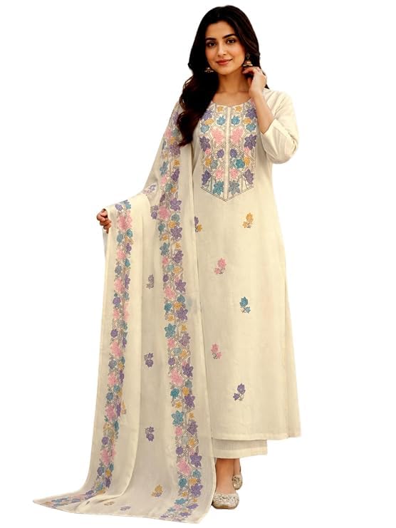 anni designer Viscose Blend Embroidered Straight Kurta with Palazzo and Dupatta for Women | Viscose Blend Cream | 3/4 Sleeve | Round Neck | Ethnic Wear Casual Wear-picture-42