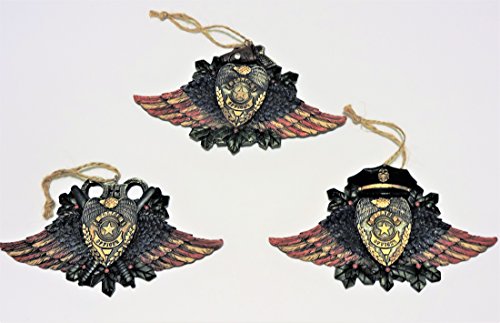 Police Officer Theme Christmas Ornaments featuring Police Badge, Gun, Duty Cap, and Handcuffs on background of holly and patriotic wings - Hand Painted, Set of 3