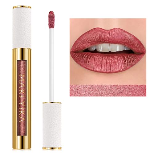 MAKI YIKA Metallic Pink Lipstick Long Lasting Hot Pink Lipsticks for Mother Women High Shine Glitter Lipstick No Smudge Transferproof Liquid Lip Gloss (BR01 Love Story)