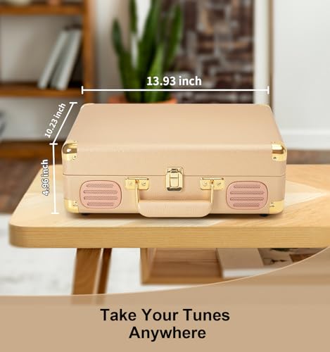 Image of Record Player 3 Speed Bluetooth Portable Suitcase, Vinyl Phonograph with Built-in Bass & Speakers, Belt-Driven LP Player Support AUX-in RCA Line Out Headphone Jack, Champagne Gold