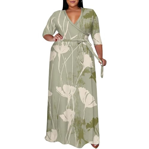 Image of SUZONANA Women's Plus Size Maxi Dresses Casual Loose Short Sleeve Long Maxi Dress with Belt Wedding