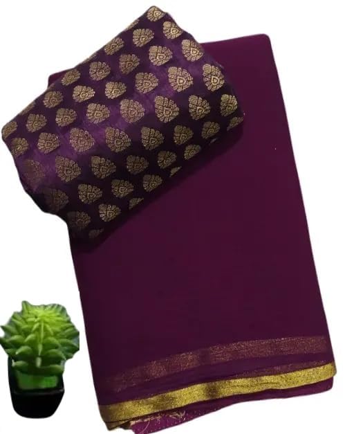Women's Chiffon Plain Solid Saree,Sari with Golden Zari Border and Brocade Silk Blouse Piece-image-34