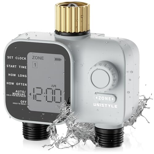 [All-New 2027] Heavy Duty Sprinkler Timer 2 Zone with Brass Inlet Unistyle Water Timer for Garden Hose with Rain Delay and Manual Water/Automatic Irrigation Hose Timers Yard Lawn Patio