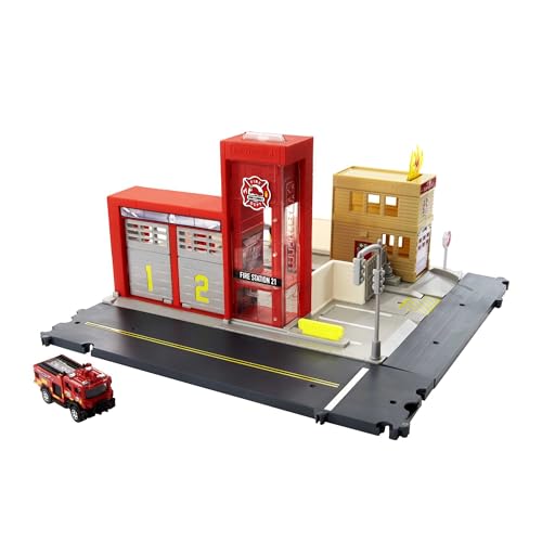 Matchbox HBD76 - Feuerwache Spielset, mit 1 Feuerwehrauto im Maßstab 1:64, Licht- und Soundeffekten und beweglichen Teilen, für Kinder ab 3 Jahren
