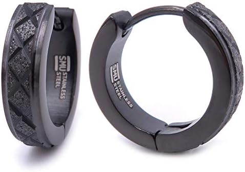 Stainless Steel Mens Hoop Earrings Cross Stripe Whole Black Bevel Edge 16mm
