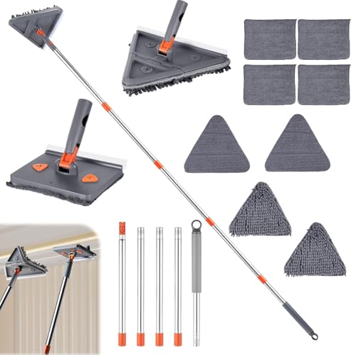 Mopa Limpiar Azulejos Paredes con Rasqueta & con 8 Almohadillas, Mopas Limpieza Suelos Triangular Giratoria 360°, Fregona Limpiador Pared Extensible 197cm para Techos, Ventanas, Suelos, Zócalos