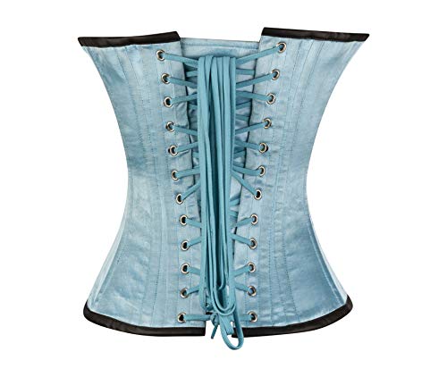 Overbust Corset Baby Blue Satin Black Faux Leather Straps Steampunk Bustier Waist Trainer Top (Small) #TOP2