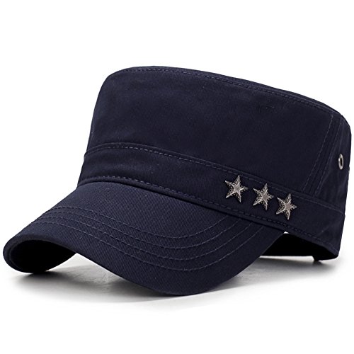 Image of QZUnique Adjustable Flat Top Cap Solid Brim Army Cadet Style Military Hat