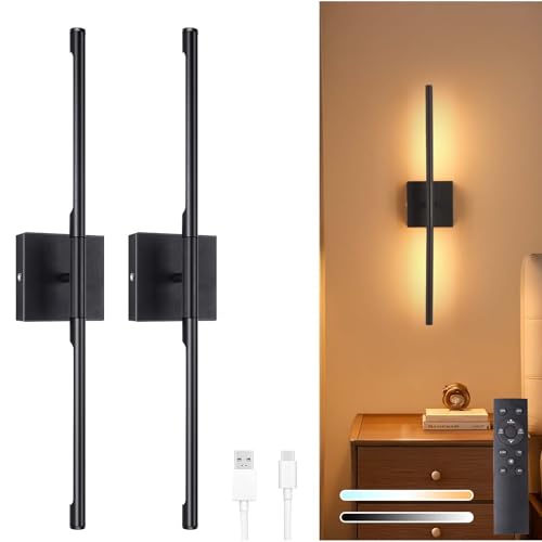 Image of Shenmoyl Battery Operated Wall Sconce Set of 2, 8000mAh Wireless Wall Sconces, 3000K-6000K Dimmable, 350Rotate, Indoor Wall Lights with Remote for Bedroom Living Room Bathroom, Black, 23.6 Inch
