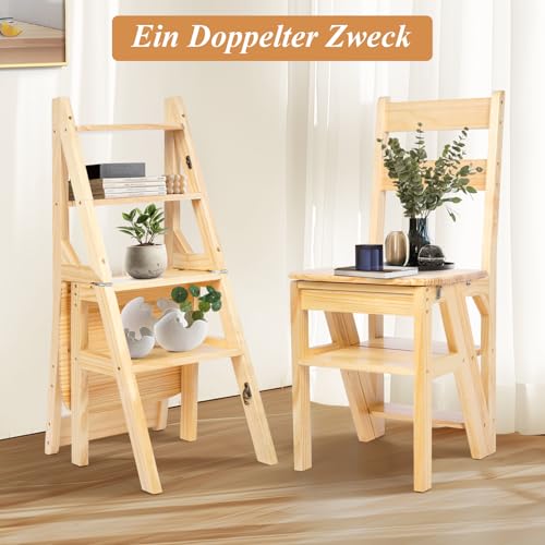uyoyous Klappbar Tritthocker, Zusammenklappbar Holz Faltstuhl Trittstuhl, Faltbarer 4 Stufen Hocker, Multifunktionale Blumenständer und Klapphocker für Küche Bibliothek Wohnzimmer