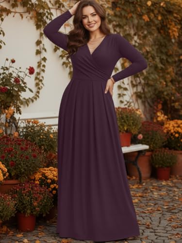 Image of KOH KOH Womens Long Sleeve V-Neck Flowy Modest Elegant Evening Maxi Dress