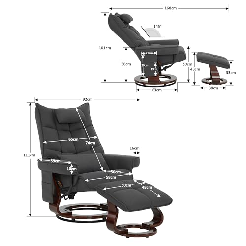 M MCombo Relaxsessel mit Hocker, Drehbare Fernsehsessel mit Liegefunktion, Moderner TV-Sessel Stuhl für Wohnzimmer,9076 (Mikrofaser-Stoff, Dunkelgrau) – Bild 4