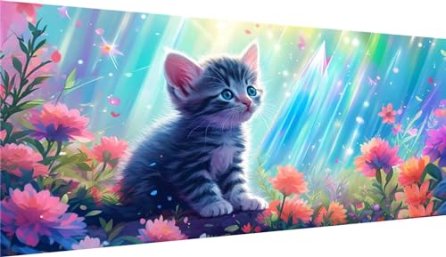 Peinture Diamant Adulte Fleur Chat 90x180cm, Kit 5D Diamant Painting Complet Maison