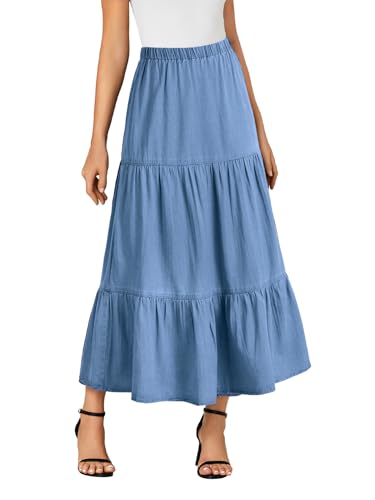 OPOIPIN Women's Elastic High Waist Tiered Ruffle A Line Swing Denim Long Skirt2