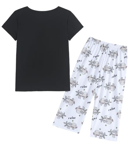 Image of YIJIU Women Soft Comfy Pajamas Cute Cat Short Sleeve Capri Pants PJS Set