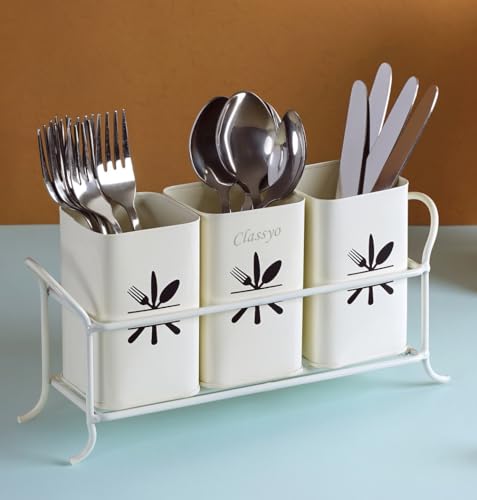 Image of Classyo Metal Cutlery Holder For Dining Table | Cutlery Stand & Spoon Stand for Dining Table Fancy | Spoon Holder for Kitchen Counter Top | Kitchen Cutlery Organizer (10 x 3 x 6 inch) (Ivory)