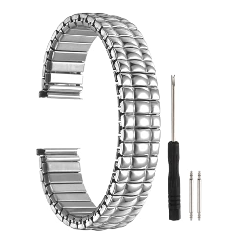 Image of sourcing map Expansion Watch Bands 14mm Stainless Steel Stretch Watch Straps with Spring Bars Removal Tool for Women Men Metal Replacement Watch Band, Silver