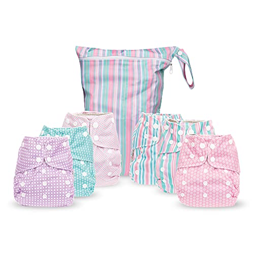 Image of Simple Being Reusable Cloth Diapers, Double Gusset, One Size Adjustable, Washable Soft Absorbent, Waterproof Cover, Eco-Friendly Unisex Baby Girl Boy, six 4-Layers Microfiber Inserts (Girl Stripe)