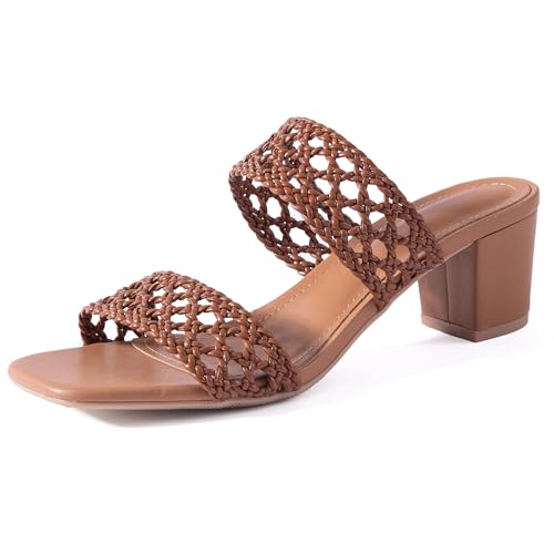 N.N.G Women Heels Sandals Dressy Chunky Hollow Braided Comfortable Summer Brown Size 8 Open Leather Ladies Casual Vacation Party