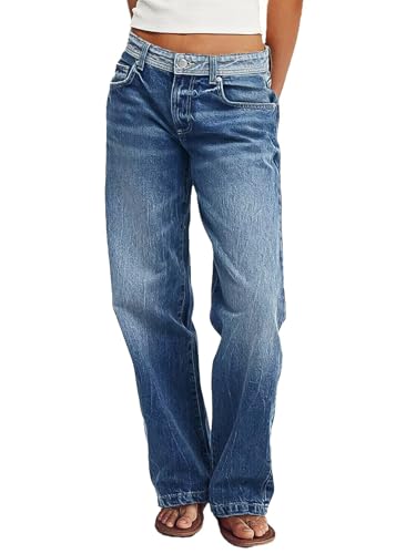 Flamingals Low Waist Straight Leg Jeans for Women Vintage Wash Stretch Denim Pants