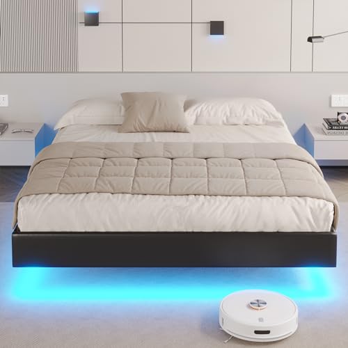 image for DICTAC Floating Full Bed Frame with LED Lights Modern Upholstered Plat