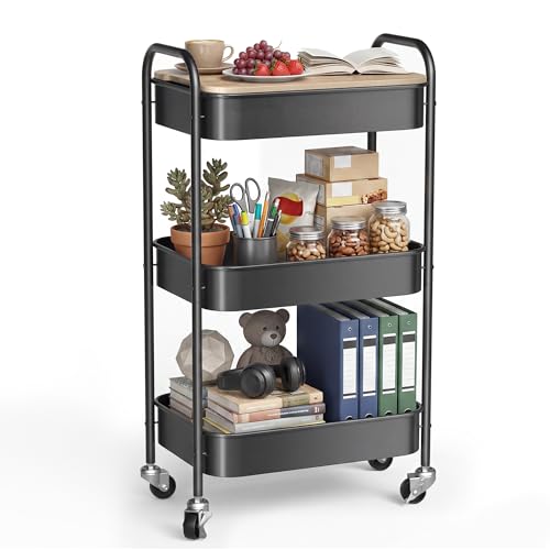 Image of DTK 3 Tier Rolling Cart with Wheels, Heavy Duty Metal Utility Cart, Mobile Storage Organizer with Lockable Casters, Multi-Purpose Rolling Cart for Nursery, Bathroom, Kitchen, Office, Classroom