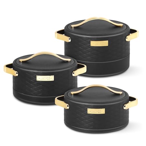 Image of JAYPEE Luxura Inner Stainless Steel Serving Casserole Set of 3 Elegance Unique Design PU Insulated 100% Food Grade with Lockable Lid, Chrome Plated Handle Hot Case | 1500, 2000, 2500 ml, Black