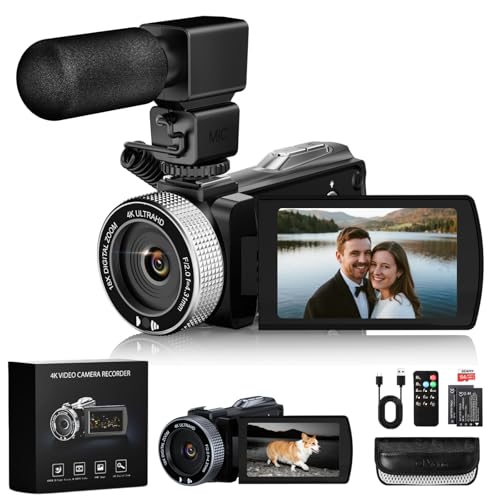 4K Camcorder Video Camera with IR Night Vision, 64MP Vlogging Camera for YouTube with External Mic, 18X Zoom & 3.0” Flip Touchscreen, Includes 2 Batteries, 64GB Card & Remote Control
