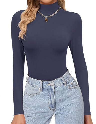 Ekouaer Womens Turtleneck Shirts Long Sleeve Soft Lightweight Fitted Mock Thermal Base Layer Tops Navy Blue L